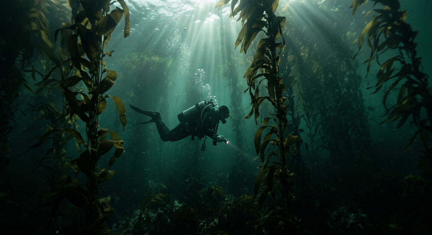 A diver suspended in calm, green-blue water among kelp