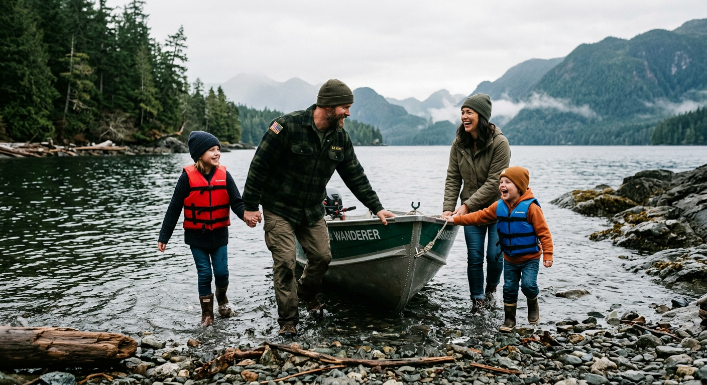 A veteran family launching a small boat from a rocky beach