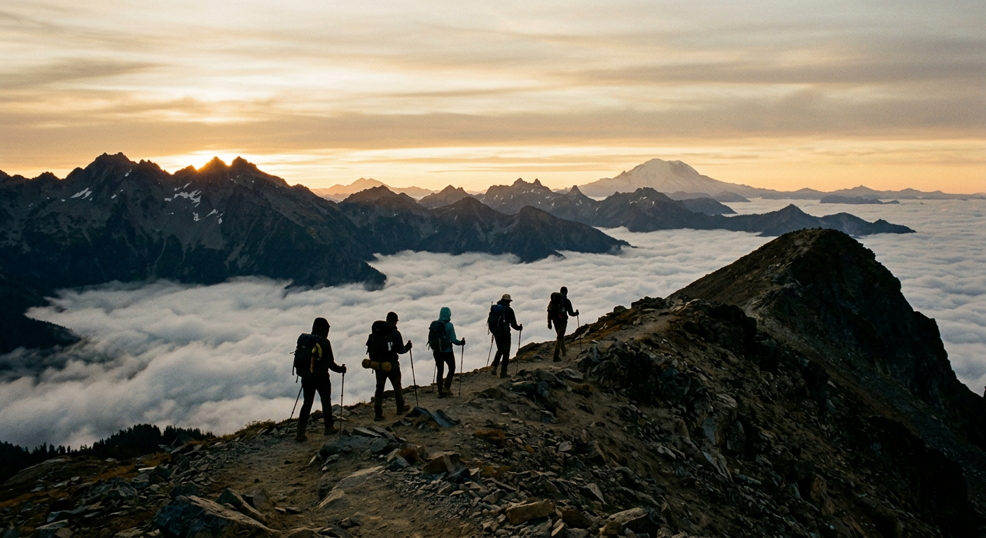 Hikers walking a ridgeline above the clouds at sunrise