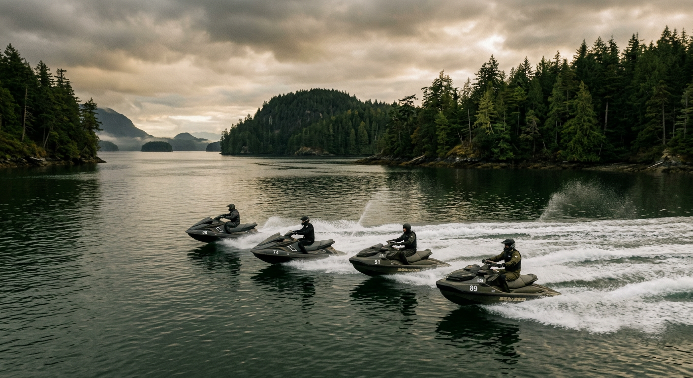A group of personal watercraft cruising between forested islands
