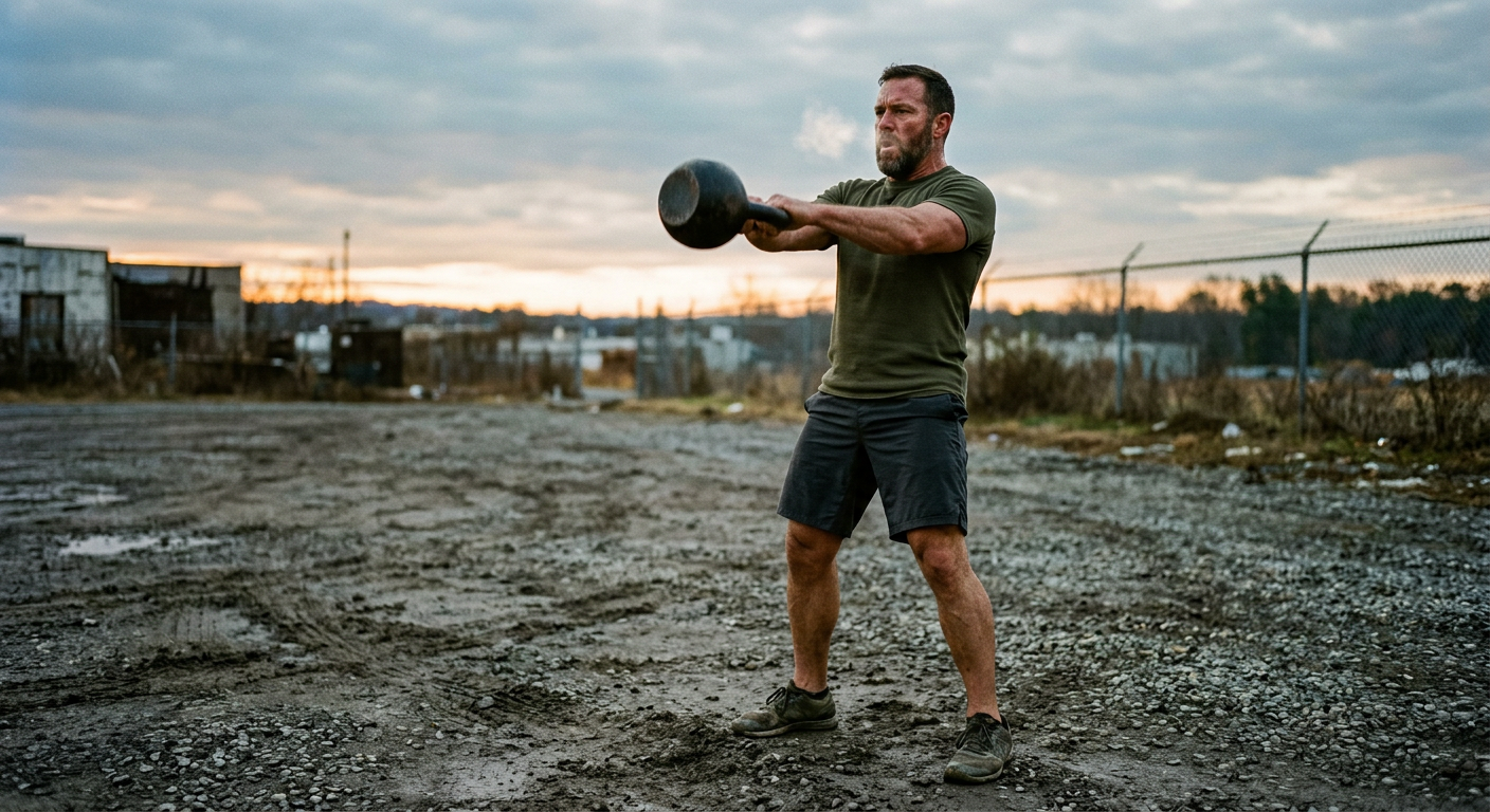 Veteran training with a kettlebell outdoors at dawn